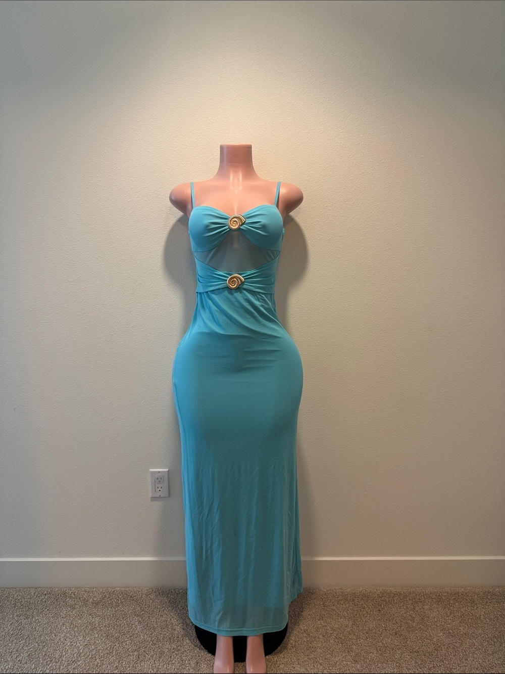Hello Molly Aqua Cutout Maxi Dress with Gold Rosette Details